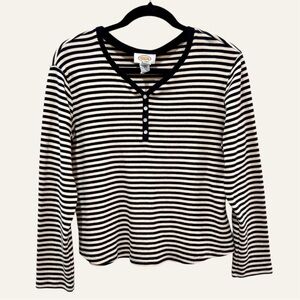 Vintage Talbots Striped Cotton Long Sleeve Henley Sweater Shirt Size M Cream Blk
